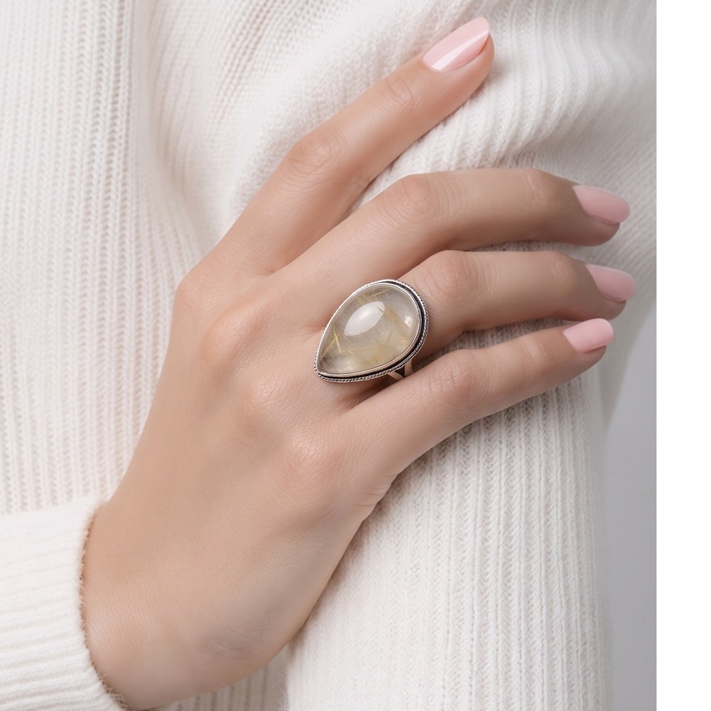 Hand Crafted Rutilated Quartz Women adjustable size 5-8 Silver Plated Ring